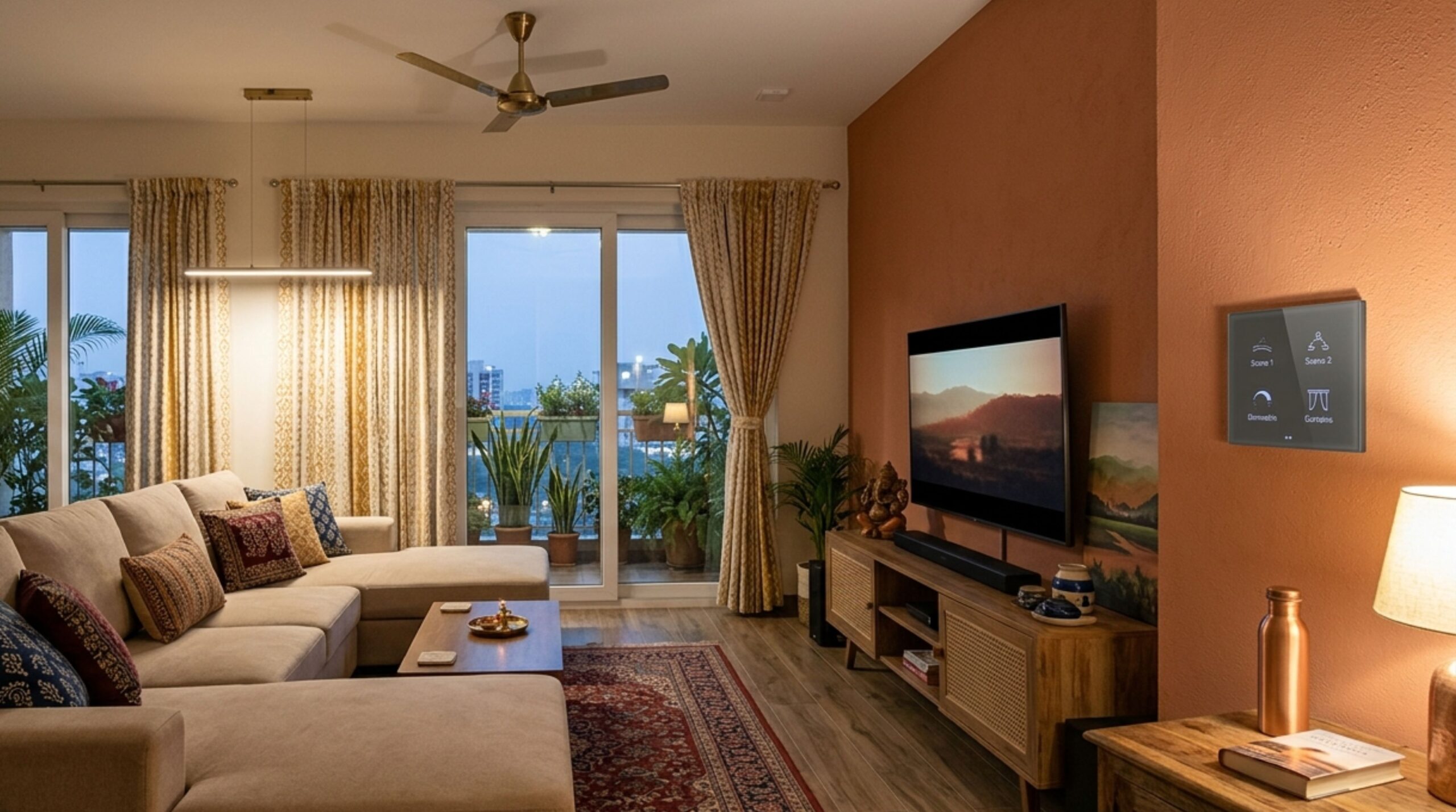 A contemporary living room interior demonstrating Smart Home Automation in New Projects in Sangli with centralized lighting scenes and motorized curtain controls.