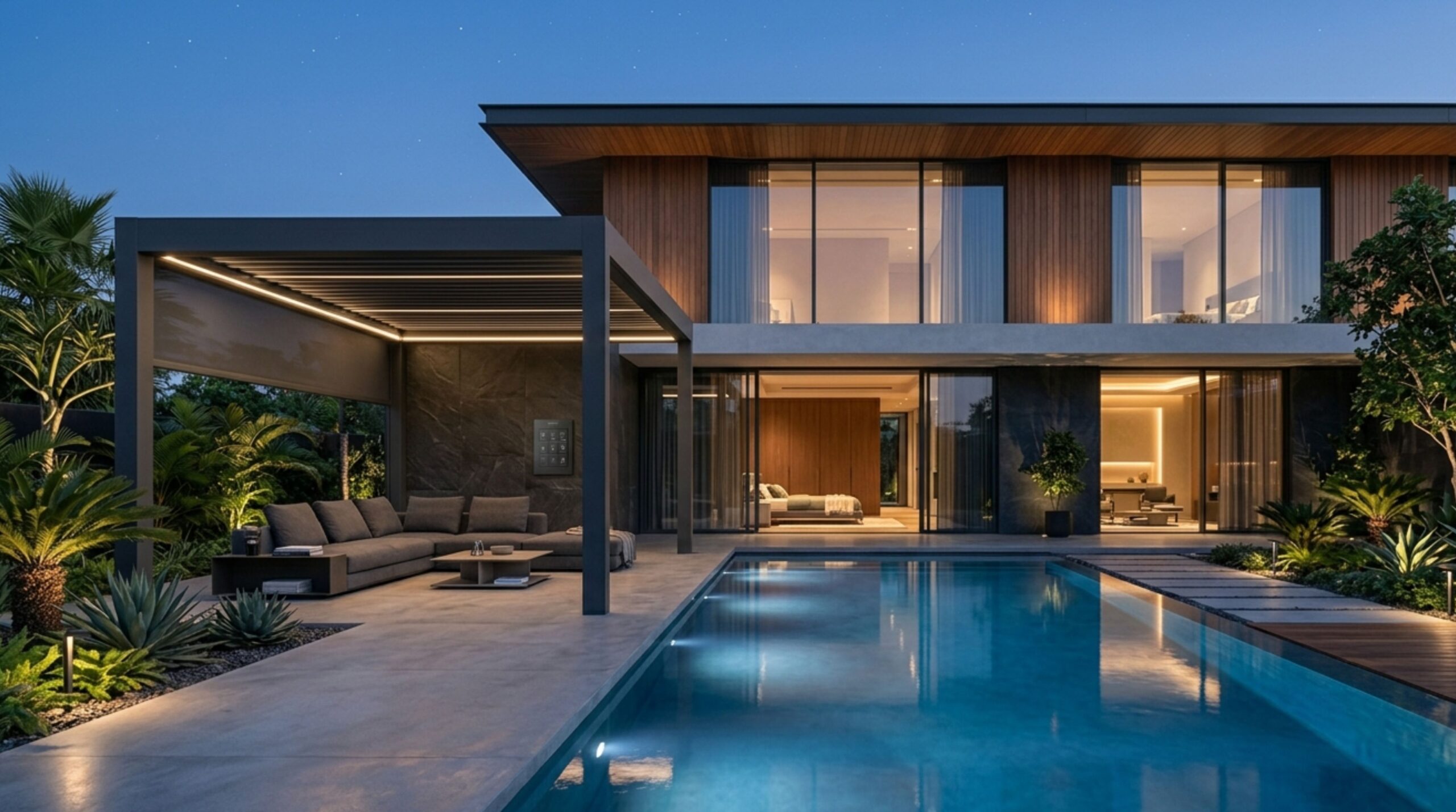 Automated landscape lighting and pool controls demonstrating versatile smart home automation features for modern architecture and outdoor living.