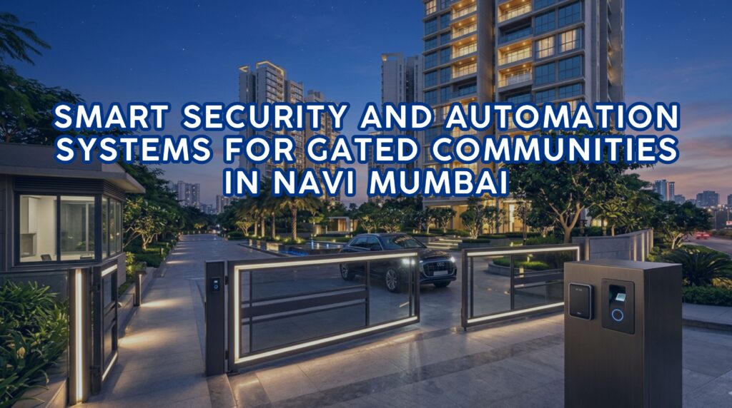 A luxury residential entrance showing the integration of Smart Gated Community Security in Navi Mumbai with automated barriers and modern architectural lighting.