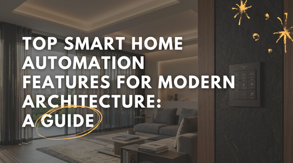 A luxury residential interior showcasing integrated smart home automation features for modern architecture, including minimalist wall controls and automated shading.