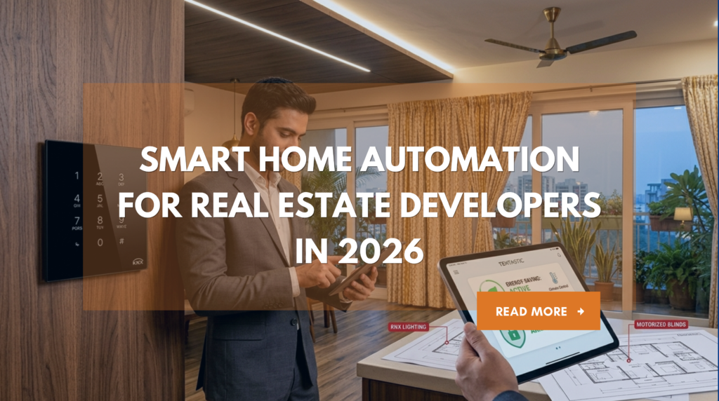 A real estate developer in a high-end model apartment illustrating Smart Home Automation for Real Estate Developers to boost property value.