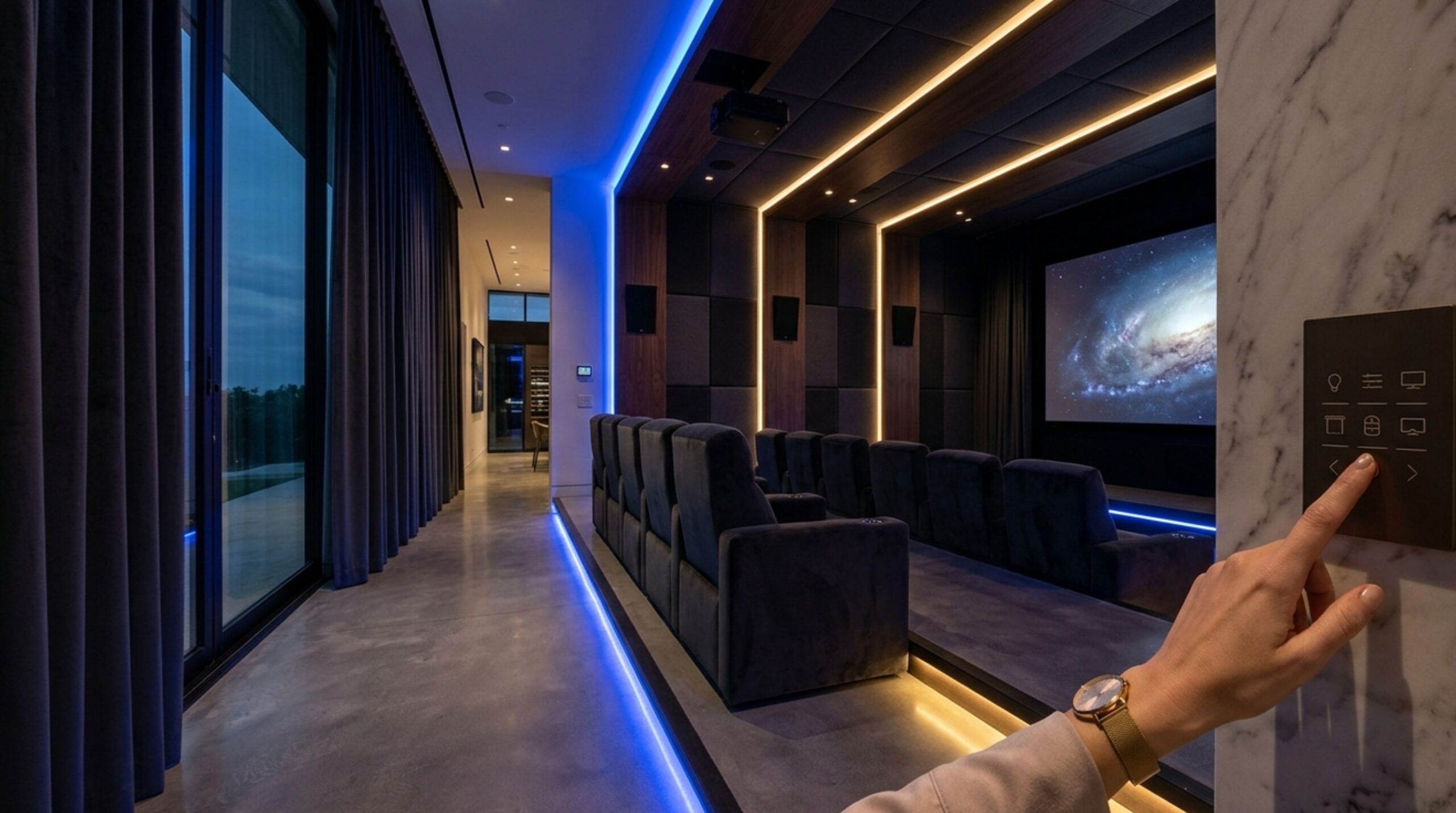 A breathtaking, high-resolution wide-angle photograph capturing an architectural home cinema in a luxury villa, with automated blackout curtains gliding shut and intelligent lighting scenes activated, illustrating total climate, light, and AV control of smart home automation in high-end architecture.