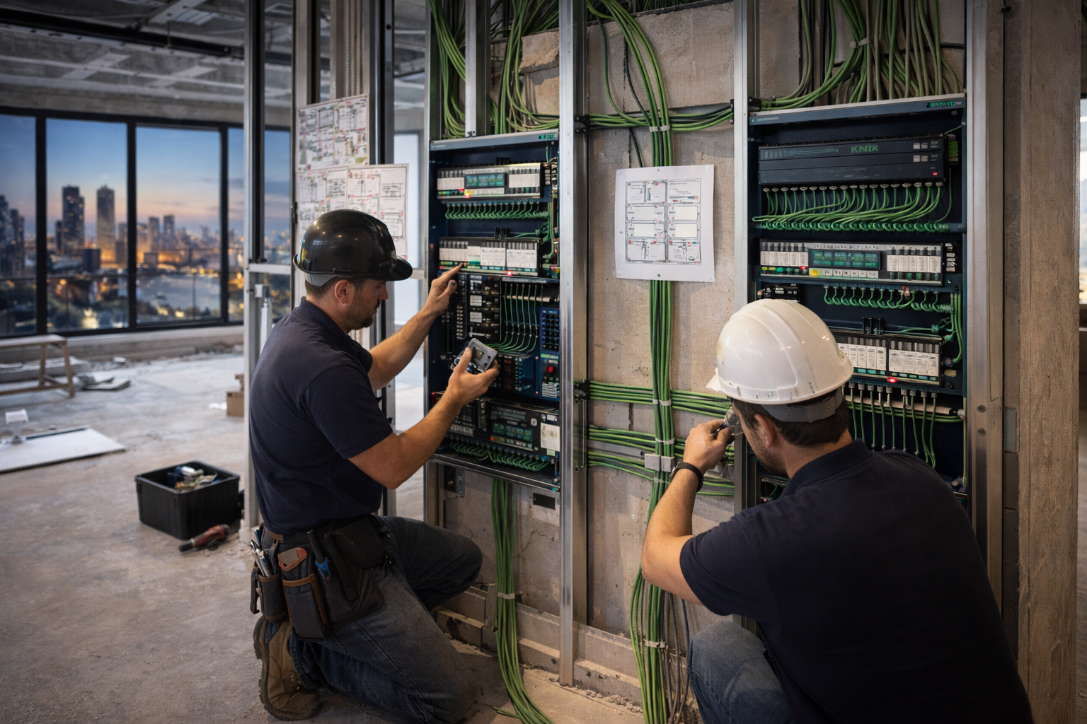 electricians installing KNX wired home automation system