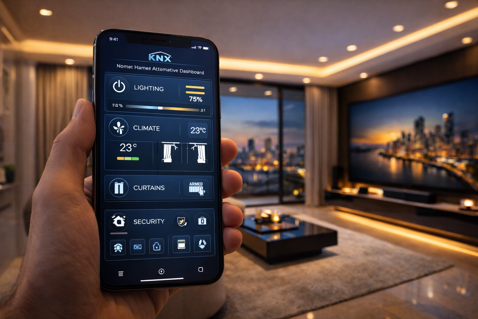 smartphone displaying KNX wired home automation interface