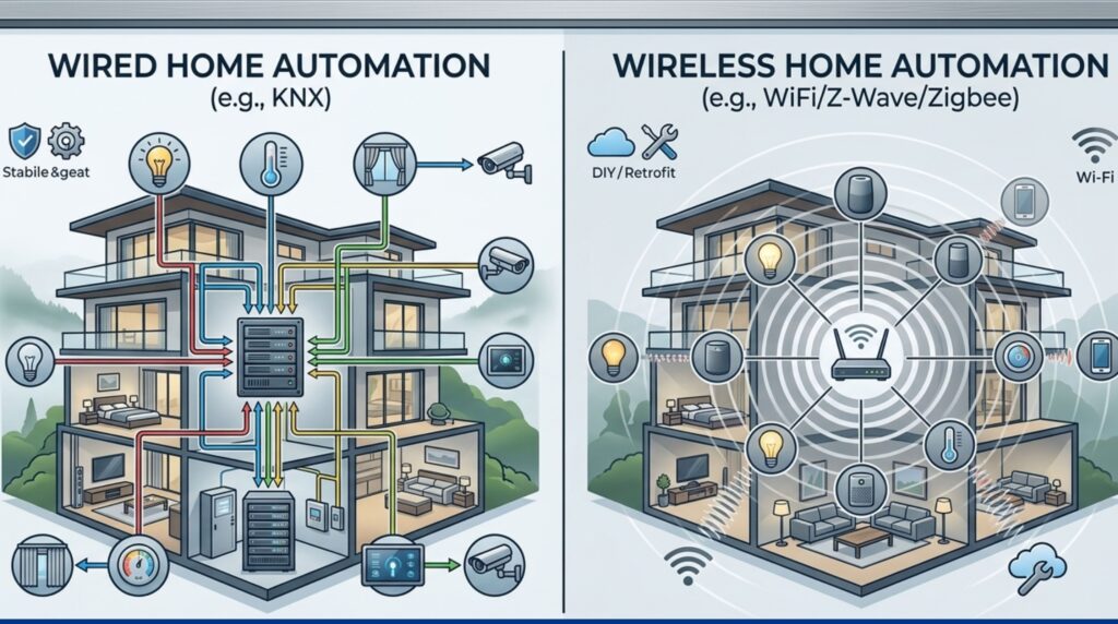 A diagram comparing the KNX wired vs wireless smart home automation for villas