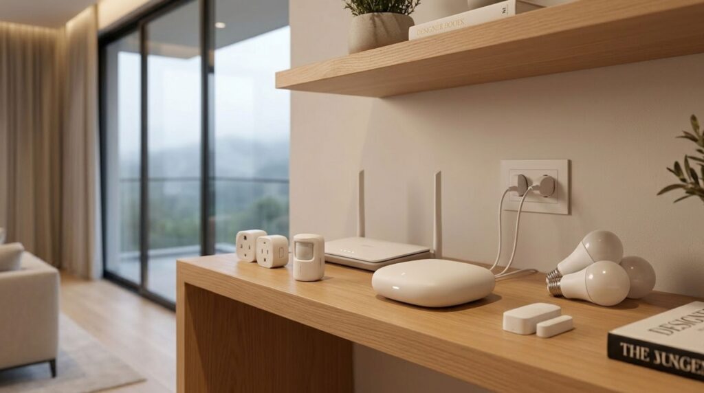 A minimalist collection of wireless smart home devices for existing homes, including a white central hub, battery-powered sensors, and smart bulbs for a flexible wired vs wireless smart home automation for villas setup