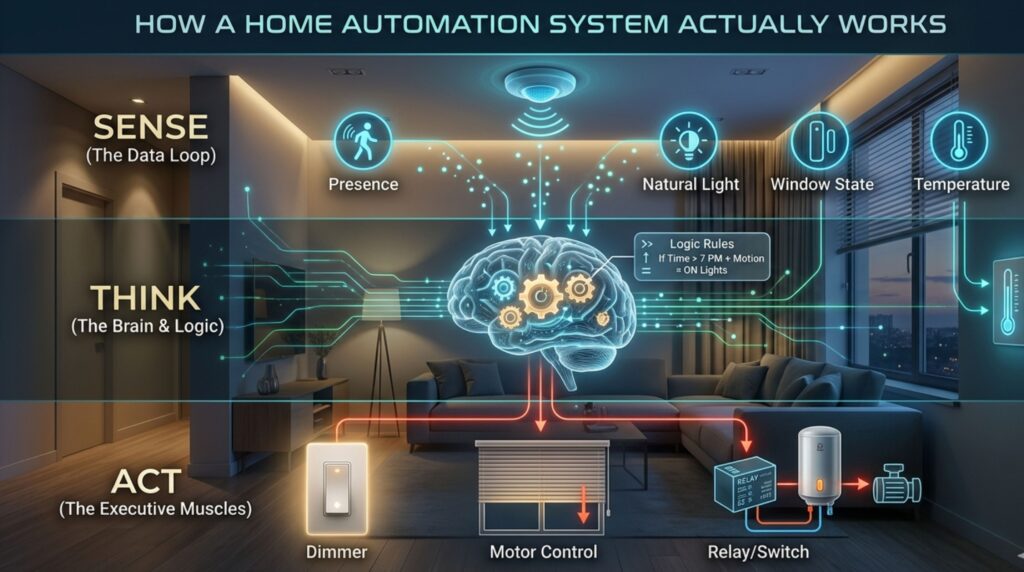 A featured blog infographic visualizing 'How a Home Automation System Actually Works,' illustrating the three-layer process: 'Sense (The Data Loop),' 'Think (The Brain & Logic),' and 'Act (The Executive Muscles)'