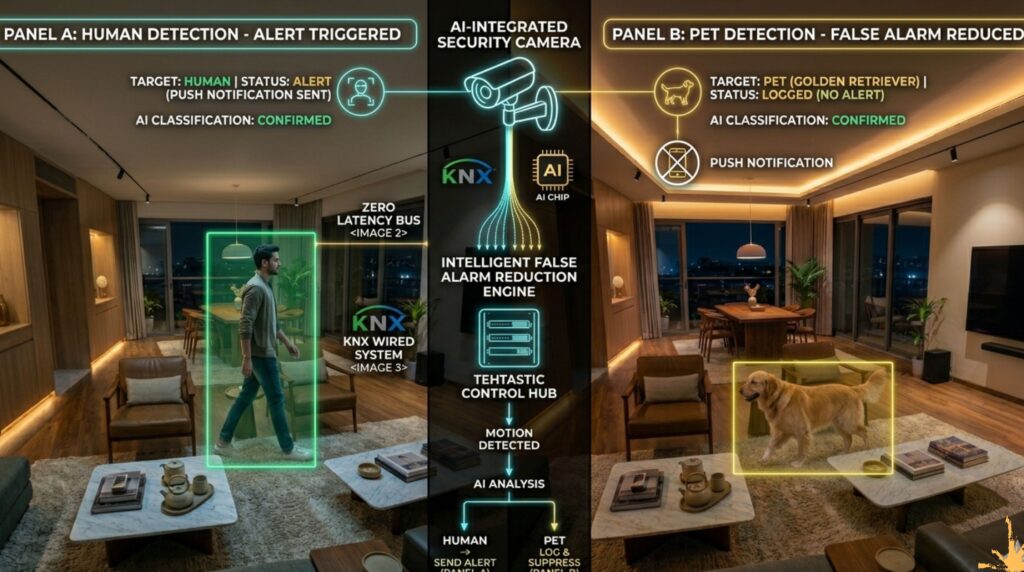 AI security camera view showing person vs pet detection technology - best smart home security systems