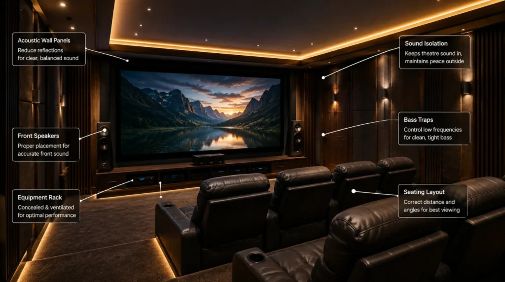 Home theatre design ideas showing acoustic panels, sound isolation, bass traps, speaker placement, and optimized seating.