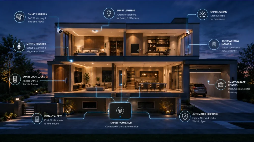 Automated Home Security System showing connected smart cameras, locks, sensors, alarms, and automation working together.