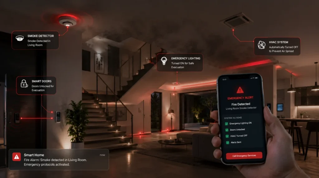 Automated Home Security System automatically responding to fire with emergency lighting, smart locks, and safety alerts.