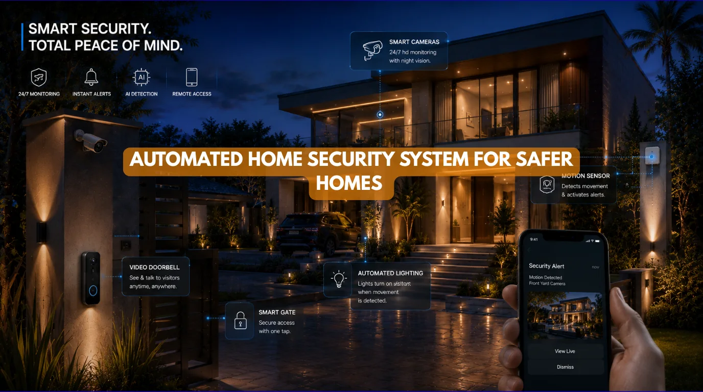 Automated Home Security System protecting a modern luxury home with smart cameras, automated lighting, smart locks, and motion sensors.
