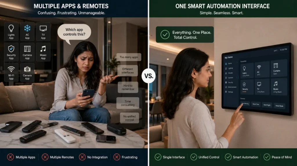 Comparison showing common Home Automation System mistakes versus a professionally integrated smart home solutions