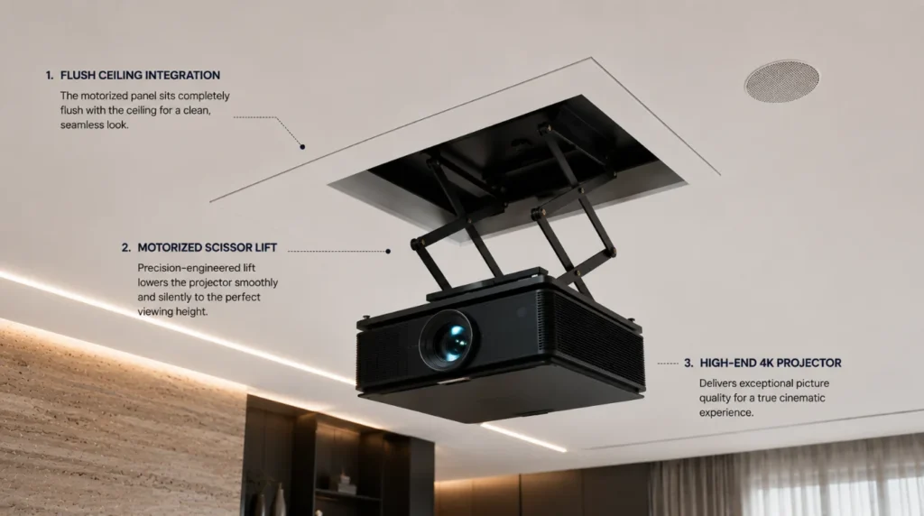 Flush ceiling motorized lift lowering a projector as part of invisible home theater systems