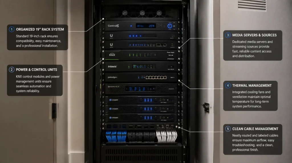 Professional centralized equipment rack housed in hidden utility closet for invisible home theater systems