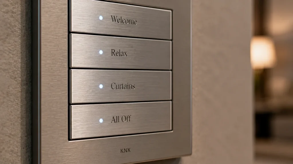 Close up photograph showing custom engraved buttons on a premium knx keypad