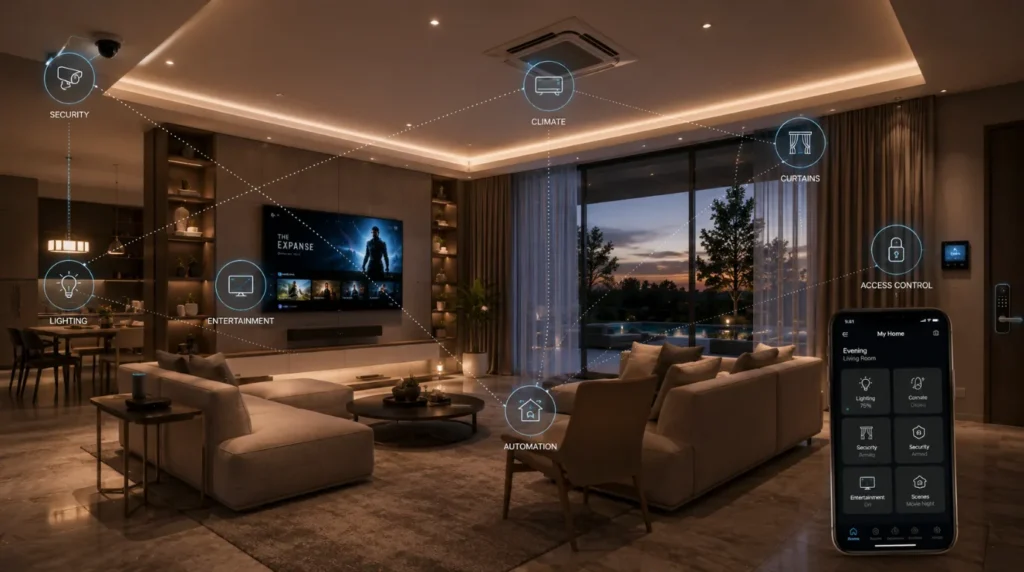 Smart Home ecosystem integrating lighting, security, entertainment, and climate control