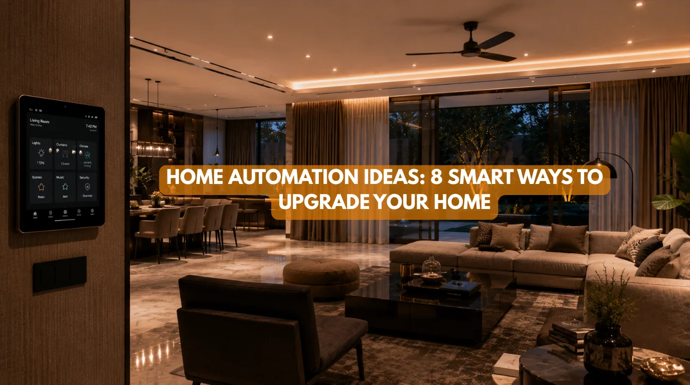 Luxury smart home showcasing modern home automation ideas including smart lighting, climate control, motorized curtains, and security systems.