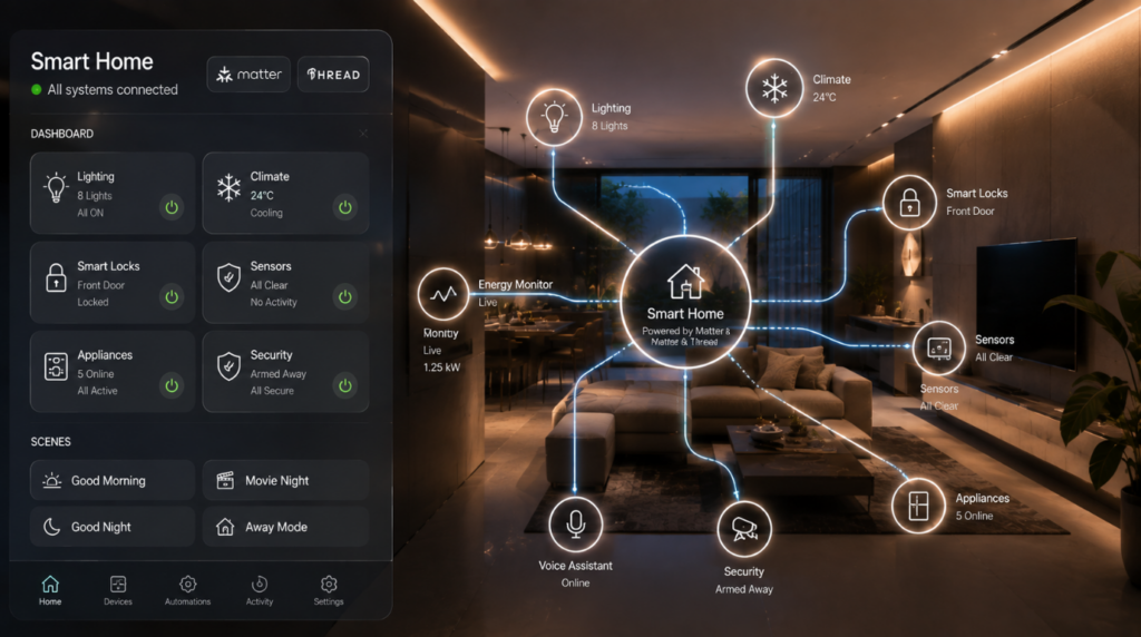 Home automation ideas showing Matter and Thread connectivity between multiple smart home devices