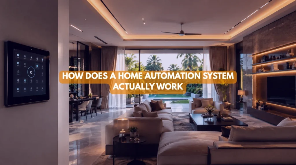 Luxury home showcasing a modern Home Automation System with smart lighting, motorized curtains, climate control, and centralized automation.