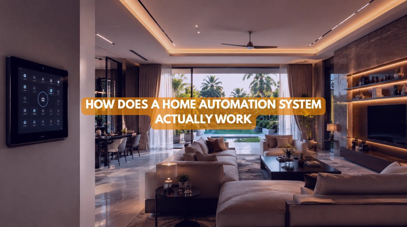 Luxury home showcasing a modern Home Automation System with smart lighting, motorized curtains, climate control, and centralized automation.