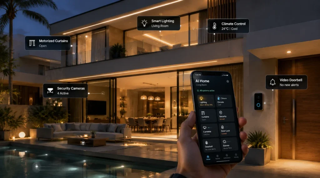 Home Automation Systems controlling lighting, climate, security and smart devices in a modern luxury home