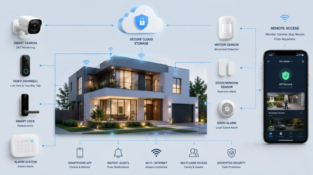 Diagram showing how Smart Home Security Systems connect cameras, locks, sensors, and automation