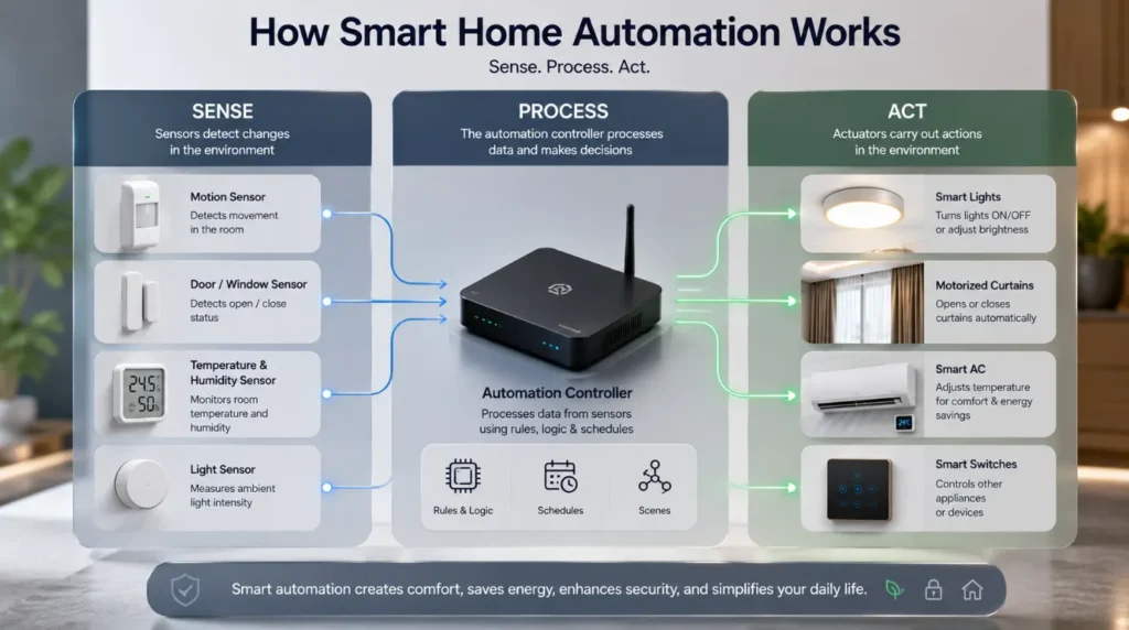 Diagram explaining how a Home Automation System works using sensors, controllers, and actuators to automate everyday tasks.