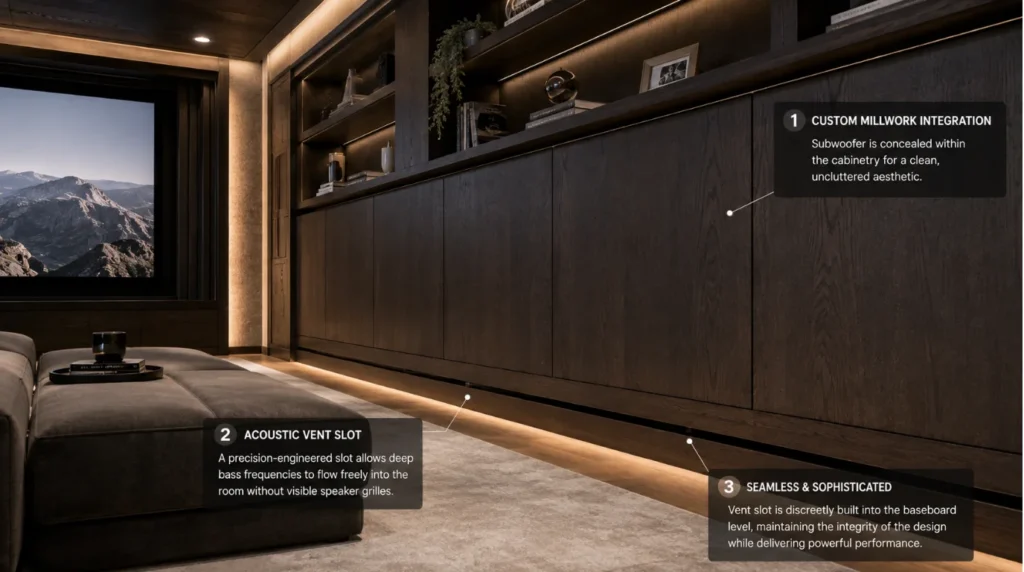 Custom cabinetry featuring acoustic vent slots for invisible home theater systems