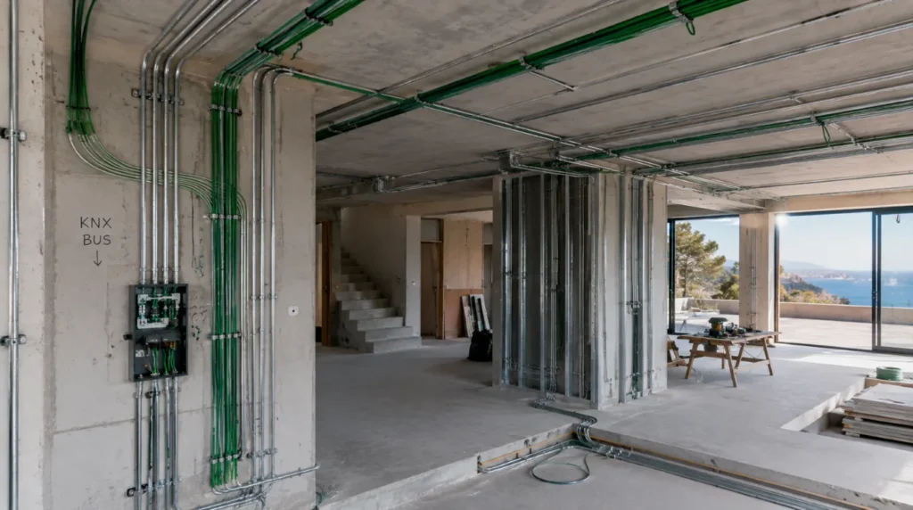 Electrical team laying down green knx cable during the initial construction phase of a villa.