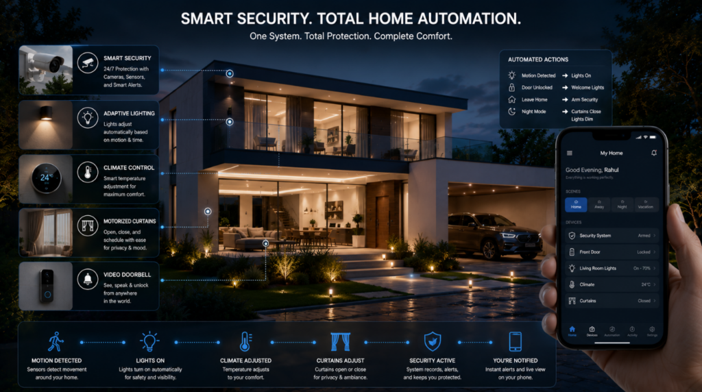 Smart Home Security Systems integrated with lighting, curtains, climate control, and automation
