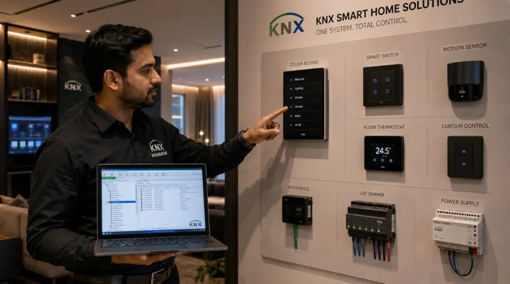 Automation technician programming custom scenes for a knx keypad using ETS software