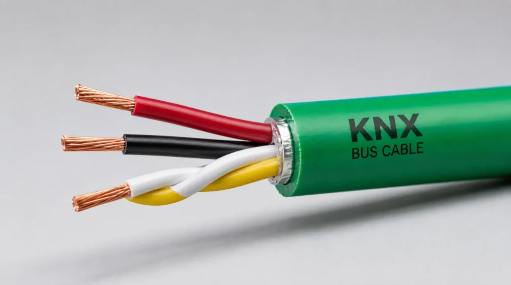 Close-up shot of an authentic green knx cable used for smart home automation wiring.