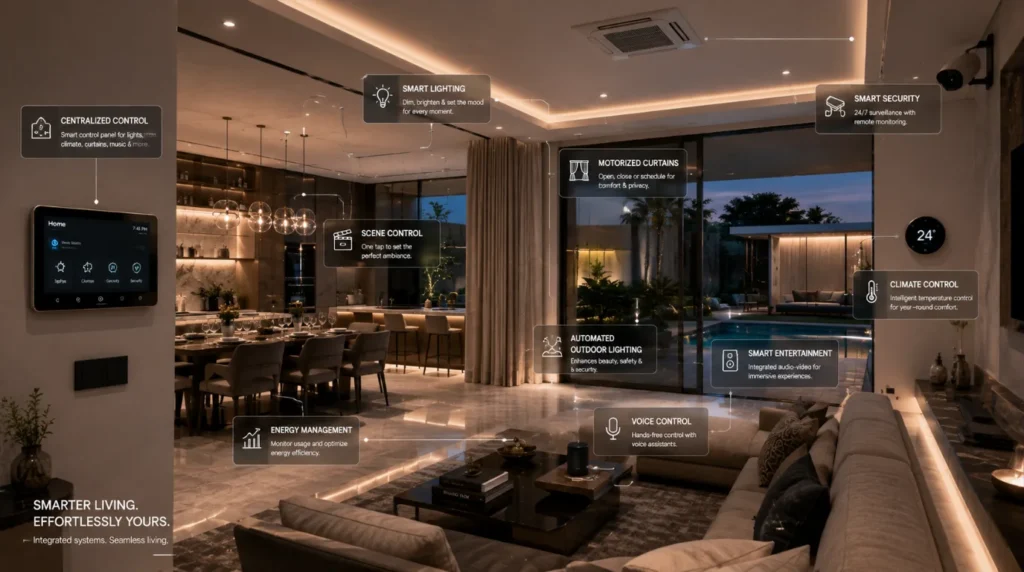Home automation ideas implemented throughout a luxury villa with integrated smart systems
