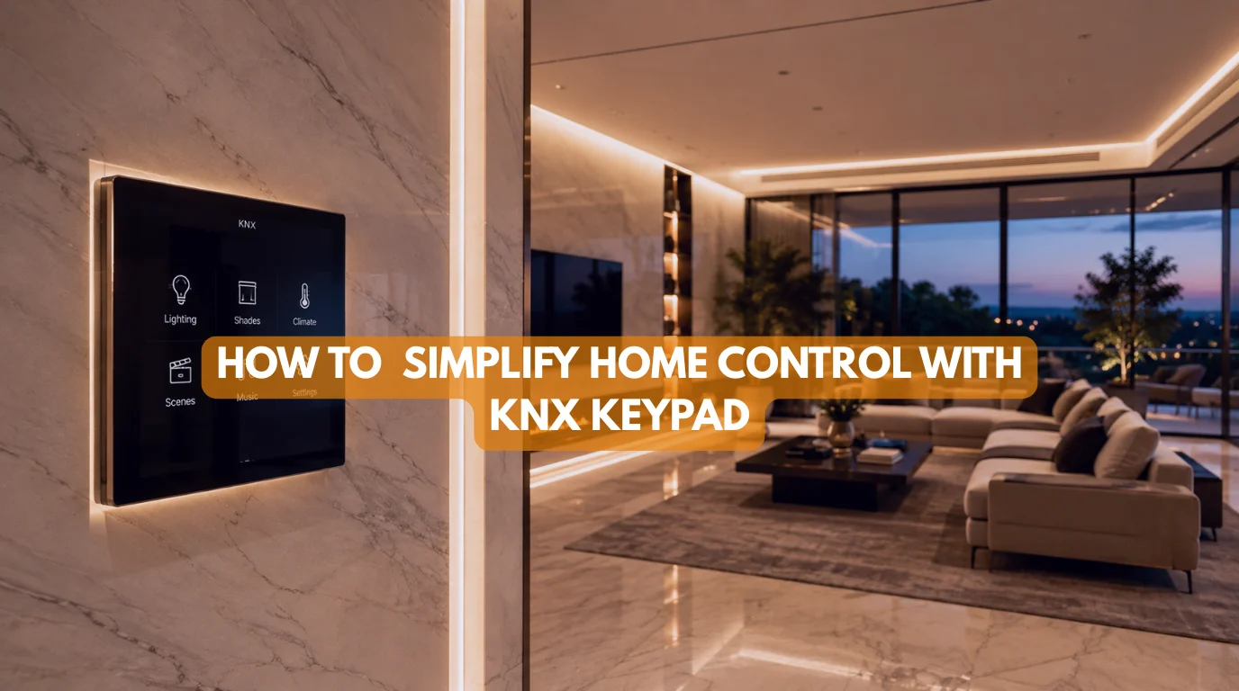Sleek knx keypad mounted on a marble wall in a modern luxury villa living room