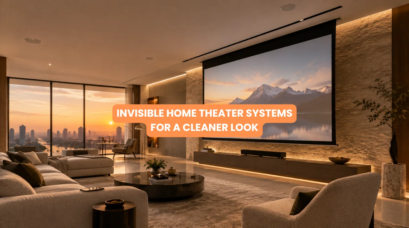 Luxury open plan residence demonstrating invisible home theater systems with hidden projector screen and ceiling architectural speakers