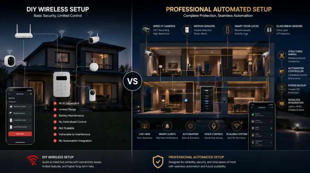Comparison of a professional Automated Home Security System and a DIY wireless security setup.
