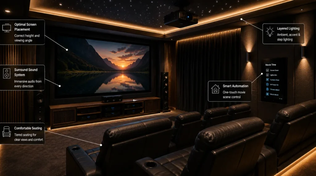 Home theatre design ideas featuring smart automation, layered lighting, surround sound, screen placement, and tiered seating.