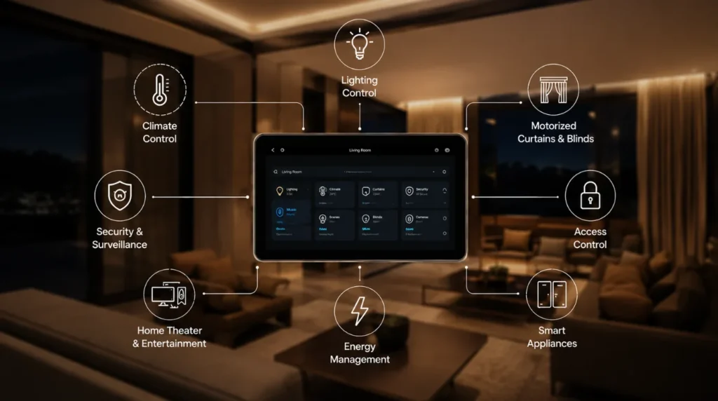 Smart Home Automation in Sangli control system integrating lighting, climate, security, curtains, entertainment and energy management