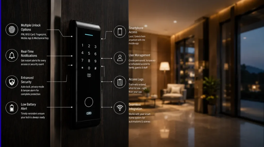Smart Home Automation in Sangli featuring smart door access, real-time notifications, user management and enhanced home security
