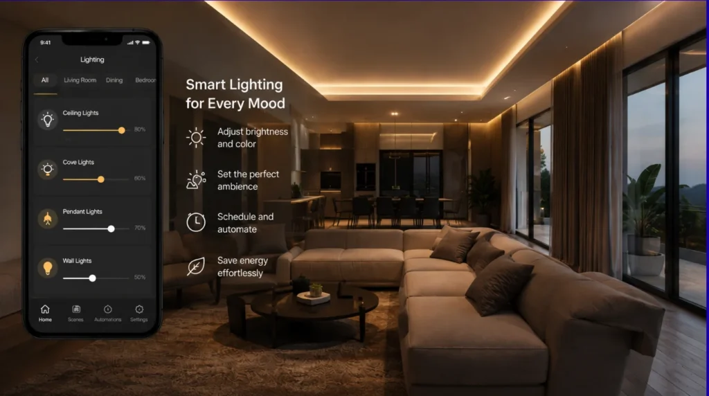 Smart Home Automation in Sangli with automated lighting scenes and adjustable ambient lighting in a luxury living room