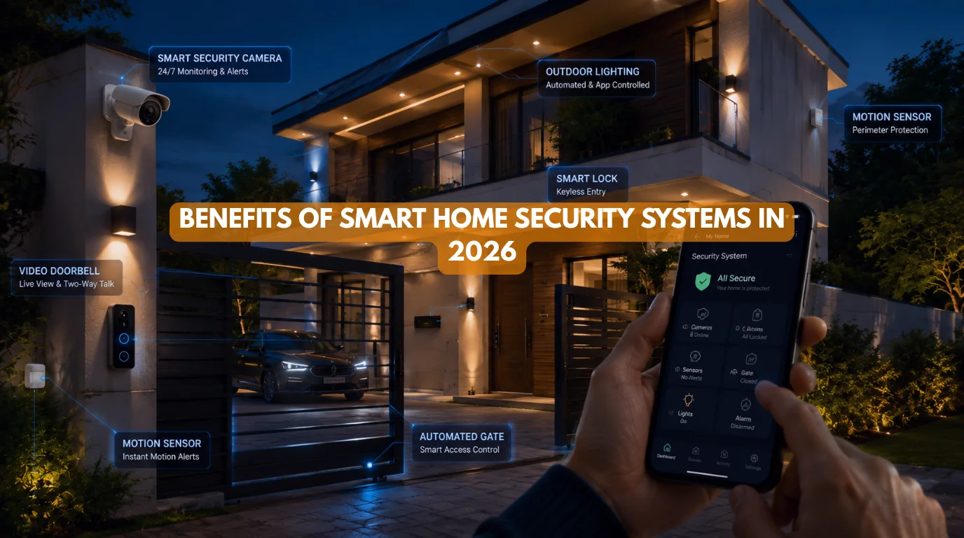 Smart Home Security Systems protecting a modern home with cameras, smart locks, lighting, and automation