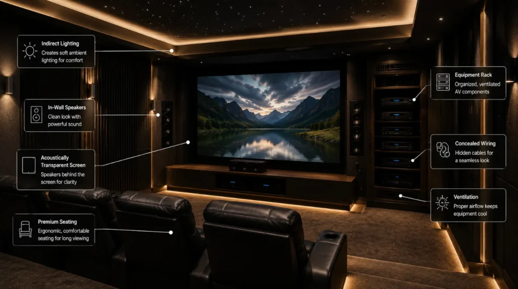 Home theatre design ideas featuring concealed speakers, smart lighting, hidden wiring, ventilation, premium seating, and organized AV equipment.