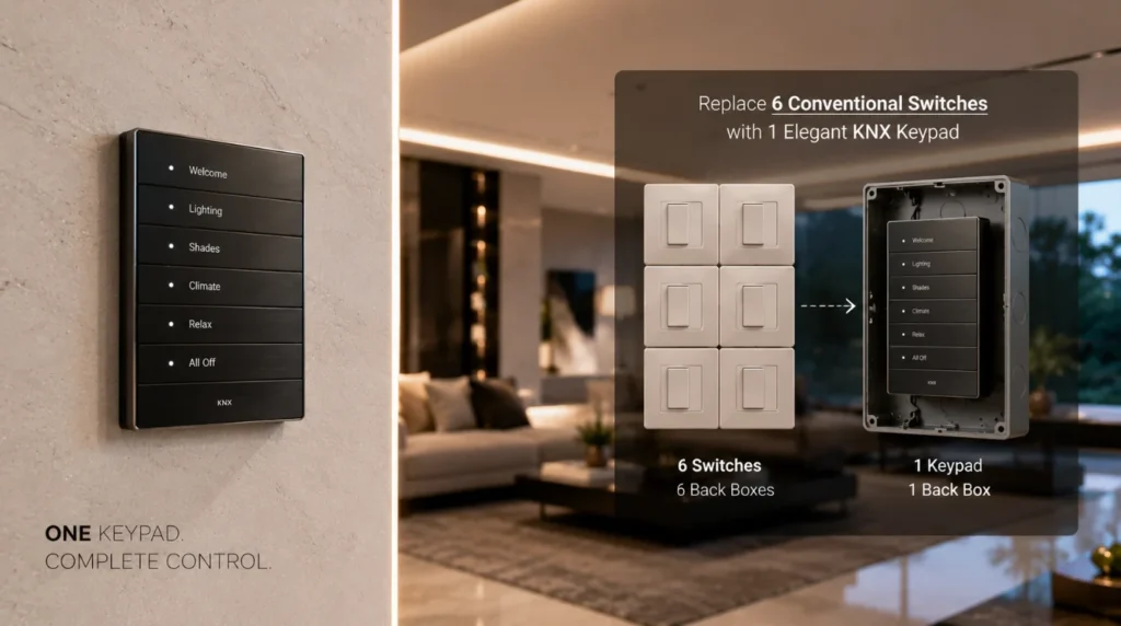 A single knx keypad replacing multiple traditional light switches on a luxury wall finish