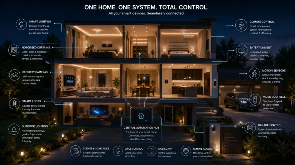 Smart Home ecosystem connecting lighting, climate control, security, and automation