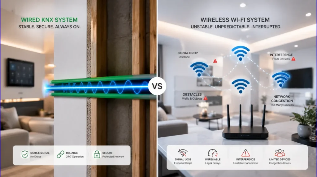 Comparison diagram concept illustrating a stable knx cable wired infrastructure versus wireless signals.
