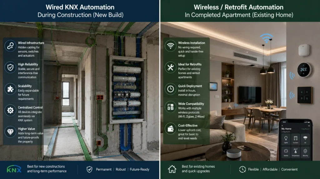 Comparison of wired and wireless Home Automation System installations for new homes and existing apartments