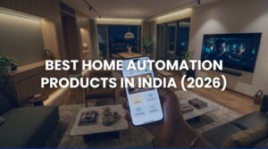 Modern smart home living room in India featuring best home automation products