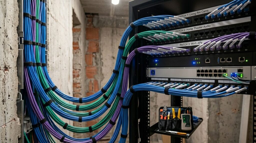 Centralized smart home wiring terminated into a professional AV rack for easy management.
