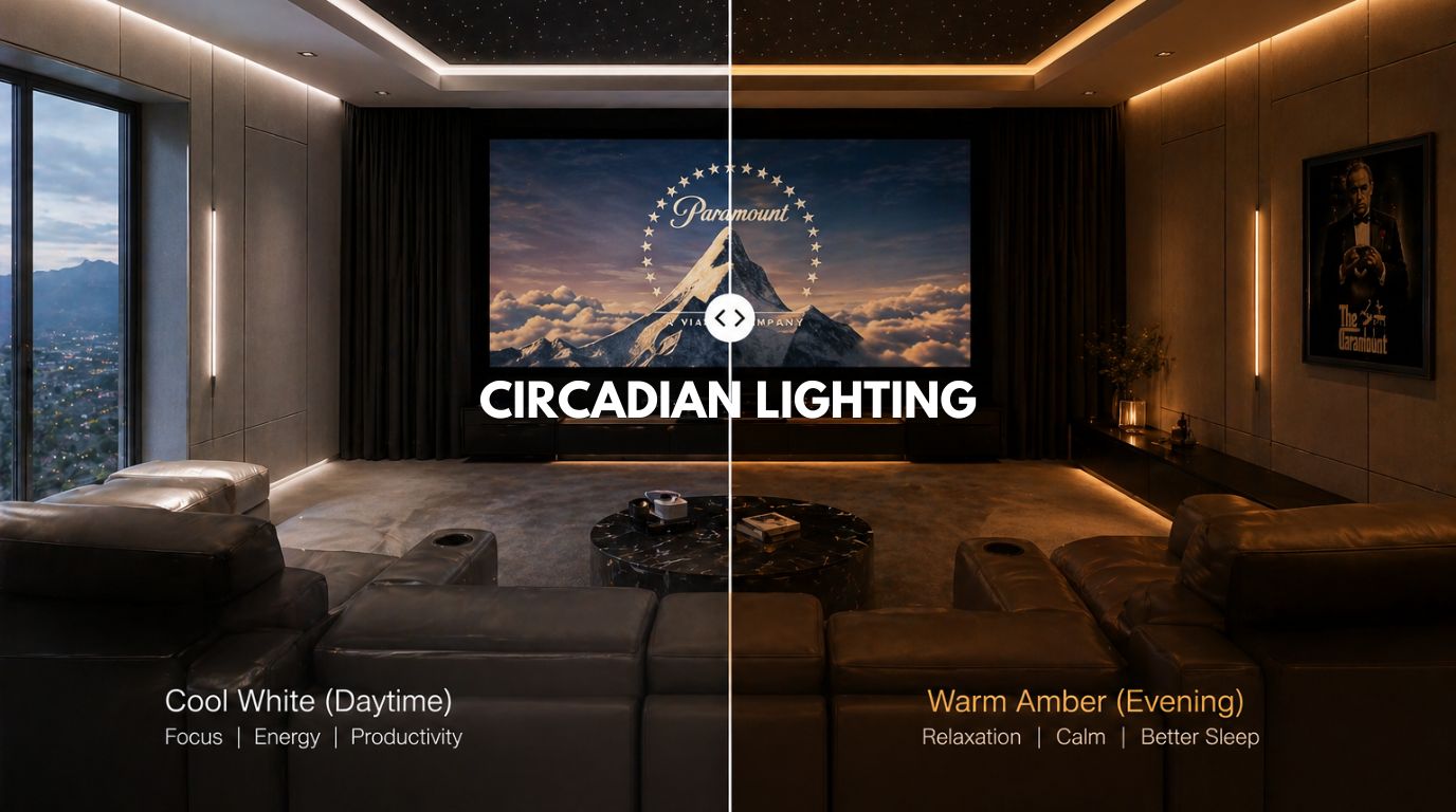 Incredible circadian lighting transitions in a luxury home theater design
